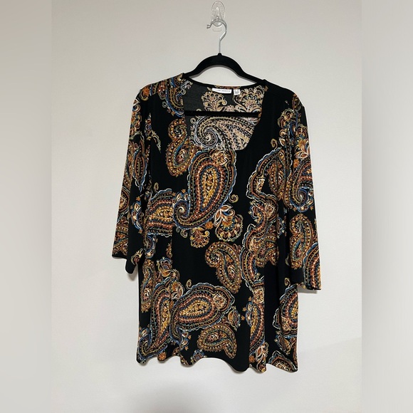 Susan Graver Liquid Knit Square Neck Paisley Boho Top Size 1X Stretch - Picture 1 of 9